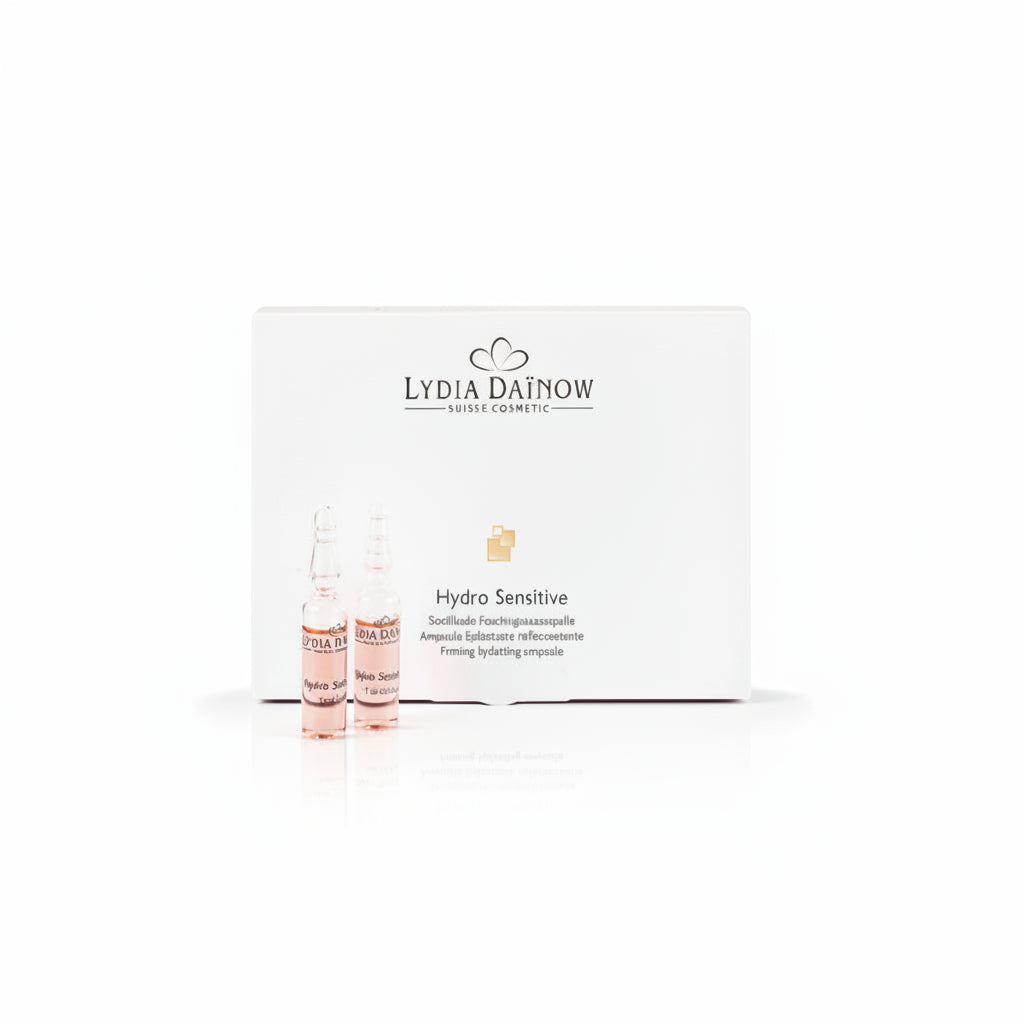 Hydro Sensitive Lydia Dainow 5x3ml – Ampoules hydratantes et raffermissantes à l'acide hyaluronique, extrait de concombre et hibiscus pour apaiser et hydrater les peaux sensibles – cosmétiques suisses Lydia Dainow