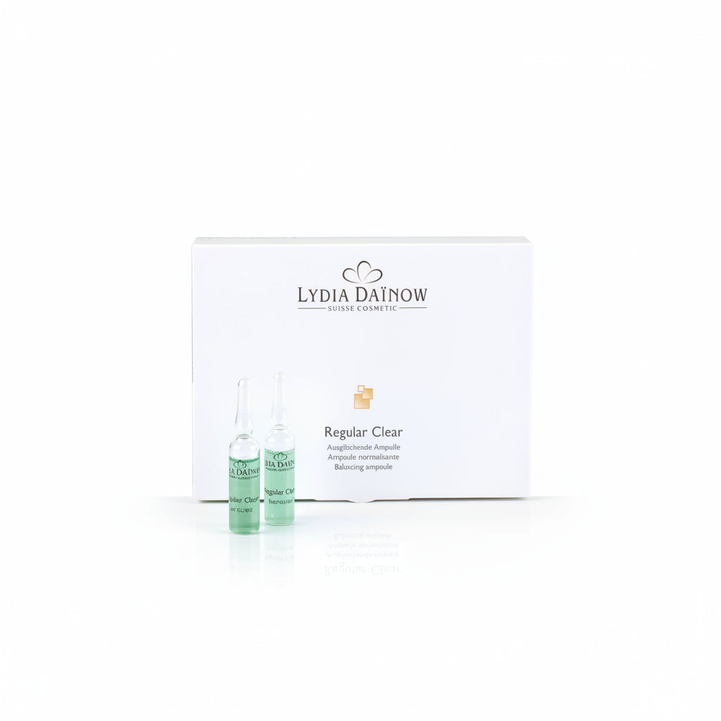 Regular Clear Lydia Dainow 5x3ml – Ampoules régulatrices à la propolis, allantoïne et acide hyaluronique pour affiner les pores et apaiser les peaux grasses et à imperfections – cosmétiques suisses Lydia Dainow