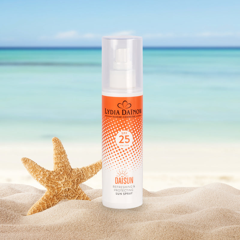 DaïSun Spray SPF 25 Lydia Dainow 150ml – Spray solaire rafraîchissant avec filtre UV-A et UV-B photostable, adapté au cuir chevelu – cosmétiques suisses Lydia Dainow