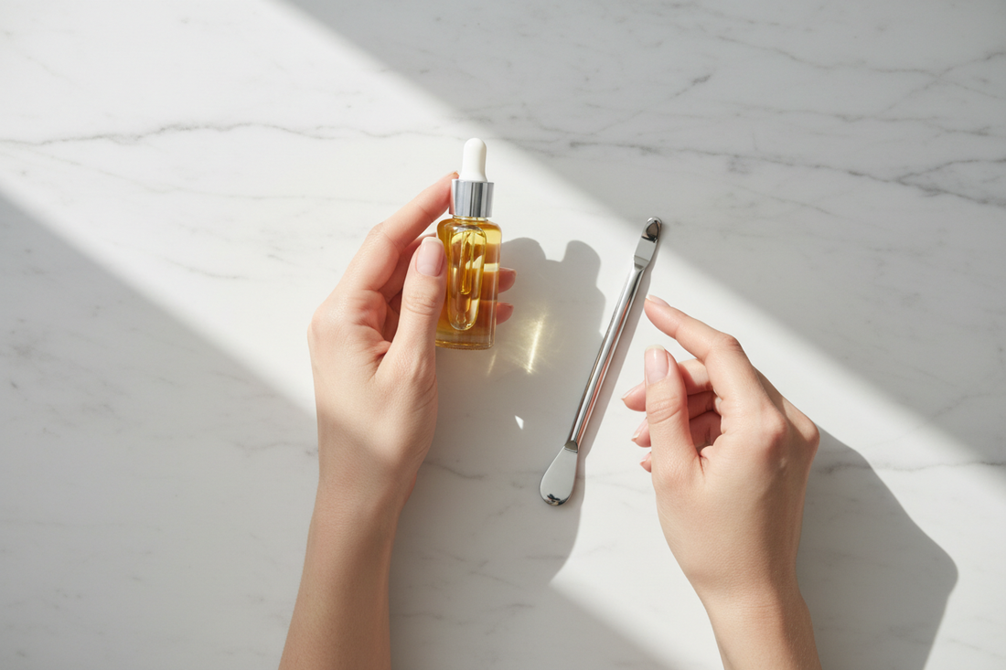 Soins professionnels des cuticules avec huile et outils de manucure.