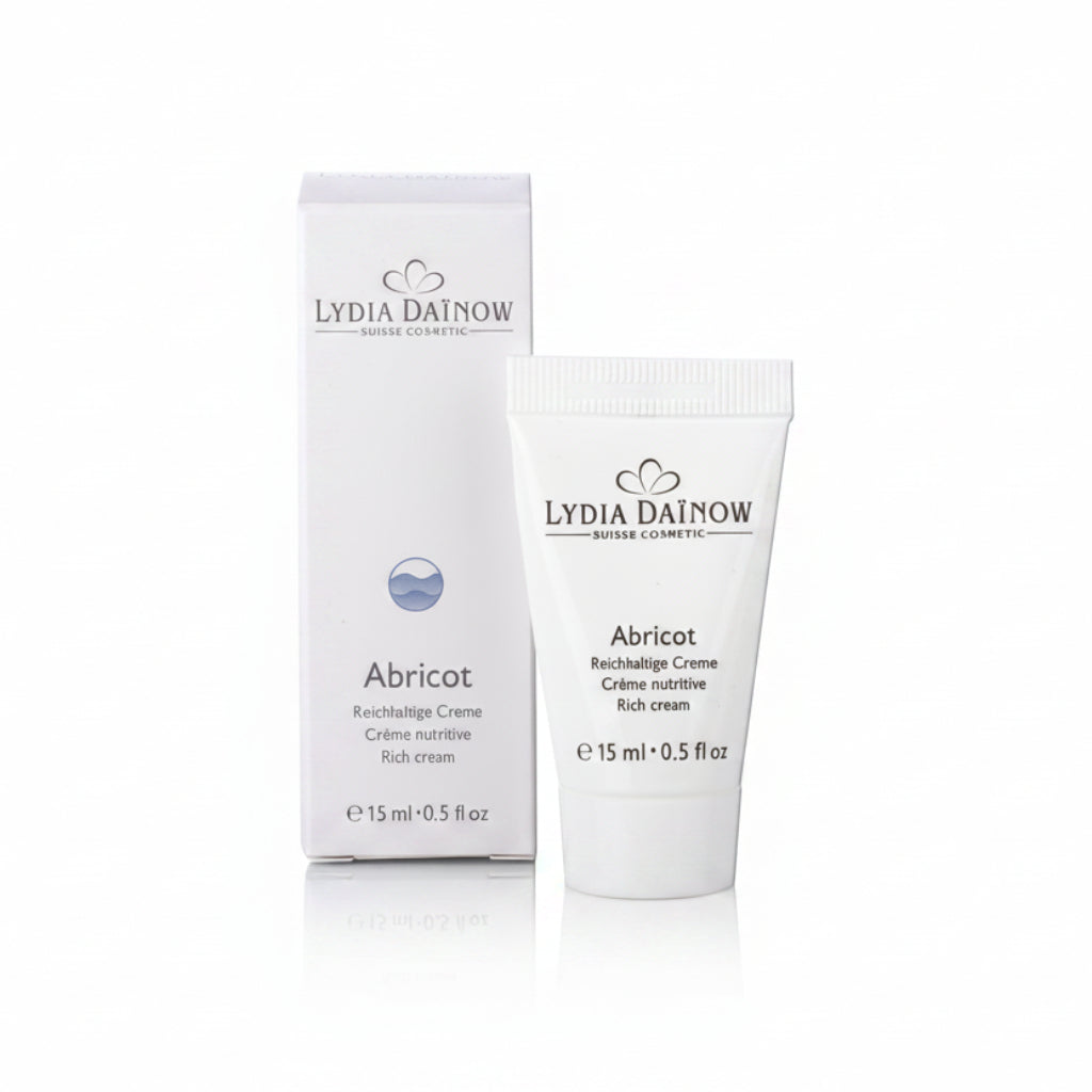 Abricot Lydia Dainow 15ml – Crème nourrissante et de massage au phytocomplex LD exclusif, cire d'abeille, lanoline et huile de noyau d'abricot pour peaux sèches – cosmétiques suisses Lydia Dainow
