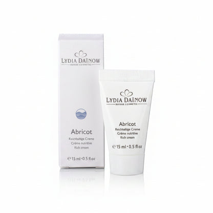 Abricot Lydia Dainow 15ml – Crème nourrissante et de massage au phytocomplex LD exclusif, cire d'abeille, lanoline et huile de noyau d'abricot pour peaux sèches – cosmétiques suisses Lydia Dainow
