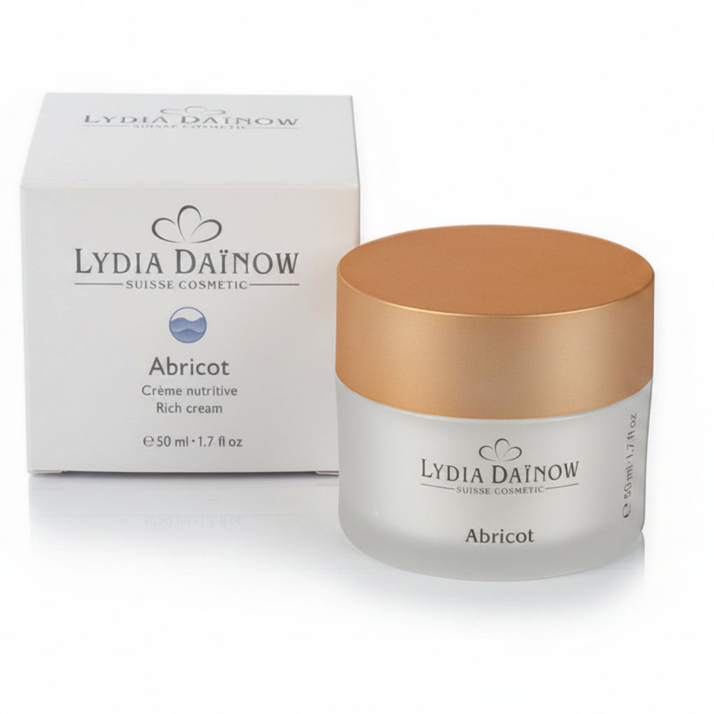Abricot Lydia Dainow 50ml – Crème nourrissante et de massage au phytocomplex LD exclusif, cire d'abeille, lanoline et huile de noyau d'abricot pour peaux sèches – cosmétiques suisses Lydia Dainow