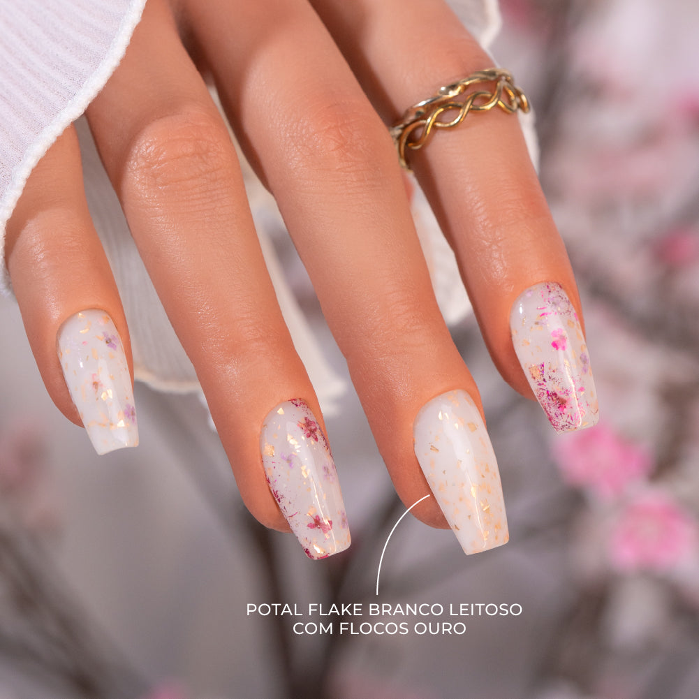 Application Potal Flake INOCOS Blanc Laiteux Flocons Or – Effet métallisé doré sur ongles gel UV/LED professionnel