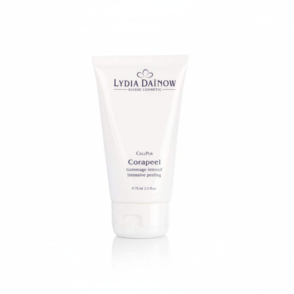 Corapeel Lydia Dainow 75ml – Gommage végétal double action aux noyaux d'abricot et amande pour peaux grasses et points noirs – cosmétiques suisses Lydia Dainow