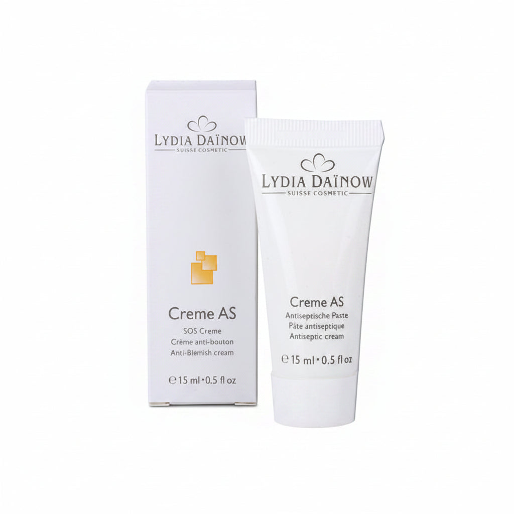 Crème AS Lydia Dainow 15ml – Texture pâte antiseptique matifiante à l'amidon de blé et zinc pour peaux à imperfections et boutons – cosmétiques suisses Lydia Dainow