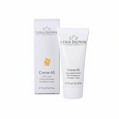 Crème AS Lydia Dainow 15ml – Texture pâte antiseptique matifiante à l'amidon de blé et zinc pour peaux à imperfections et boutons – cosmétiques suisses Lydia Dainow