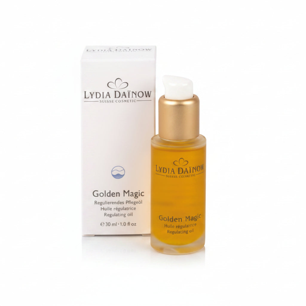 Golden Magic Lydia Dainow 30ml – Huile de soin végétale au phytocomplex LD exclusif, camomille et germe de blé pour peaux grasses et à imperfections – cosmétiques suisses Lydia Dainow