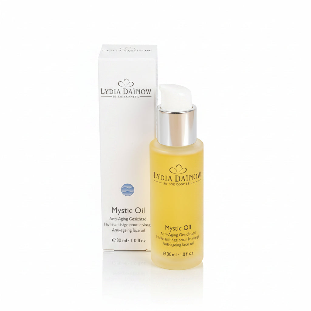 Mystic Oil Lydia Dainow 30ml – Vue du flacon huile anti-âge au bakuchiol et actifs marins pour un éclat naturel – cosmétiques suisses Lydia Dainow