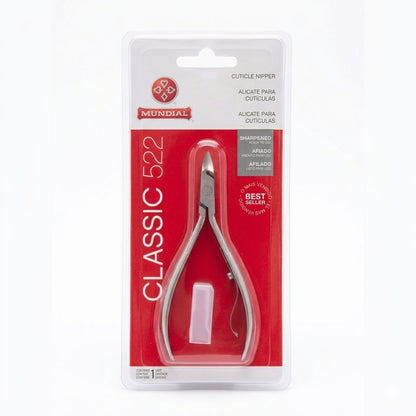 Pince à cuticules Mundial Classic 522 en acier inoxydable — vue de face du produit en emballage