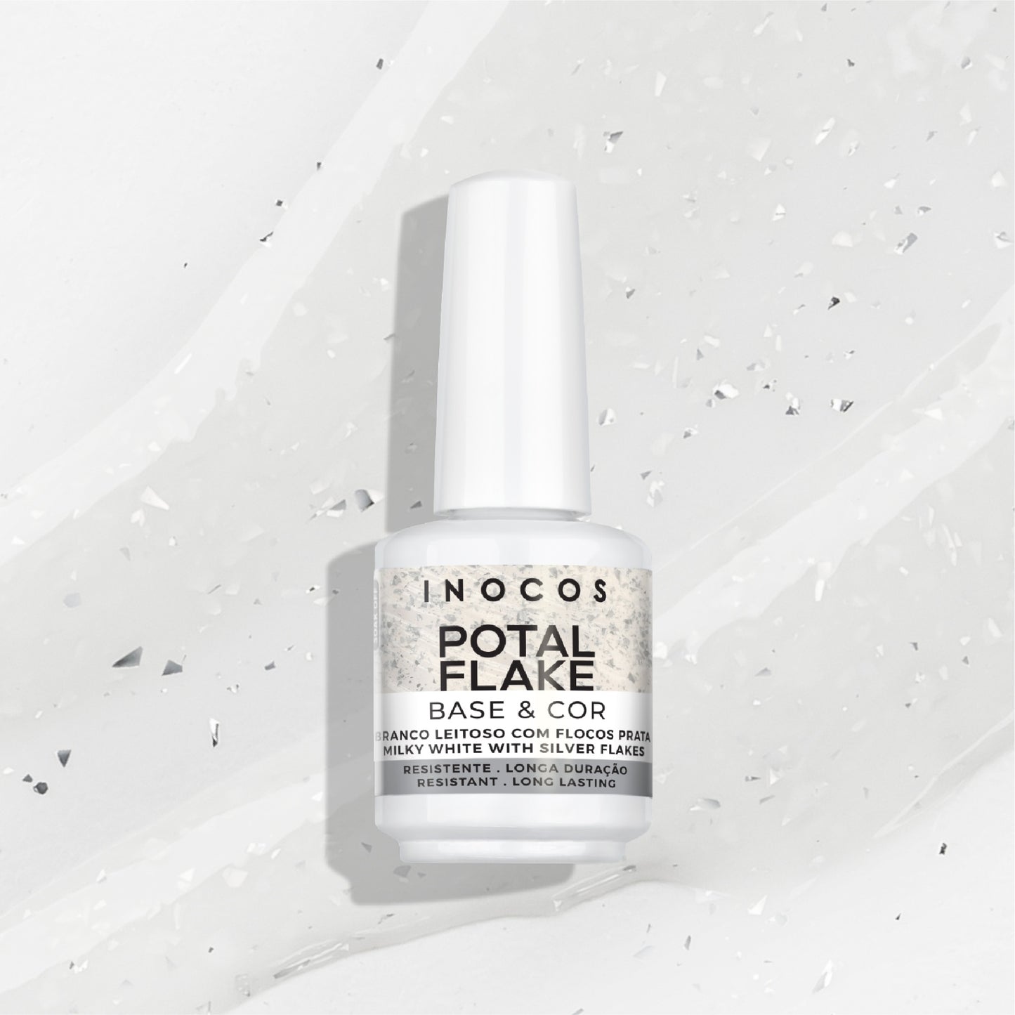 Potal Flake INOCOS Blanc Laiteux Flocons Argent – Base gel vernis autonivelante vegan avec flocons argentés effet métallisé