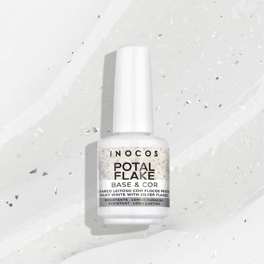 Potal Flake INOCOS Blanc Laiteux Flocons Argent – Base gel vernis autonivelante vegan avec flocons argentés effet métallisé