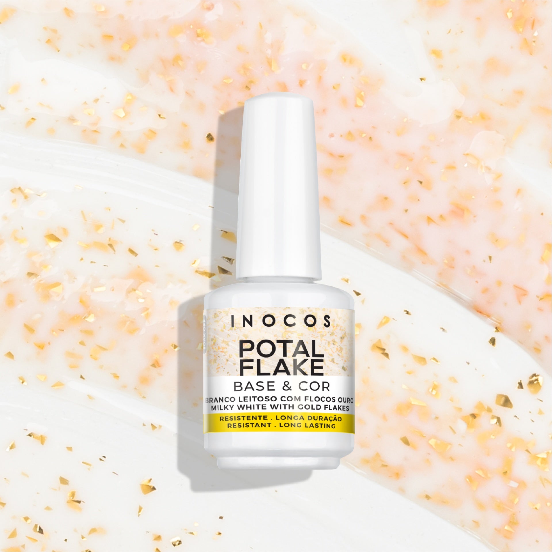 Potal Flake INOCOS Blanc Laiteux Flocons Or – Base gel vernis autonivelante vegan avec flocons dorés effet métallisé
