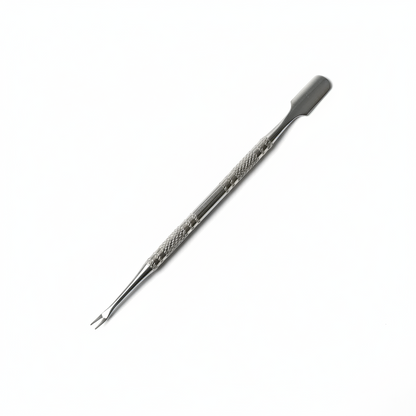 Repousse-cuticules professionnel en acier inoxydable avec double embout : pointe plate pour repousser les cuticules et pointe texturee pour nettoyer la surface de l'ongle