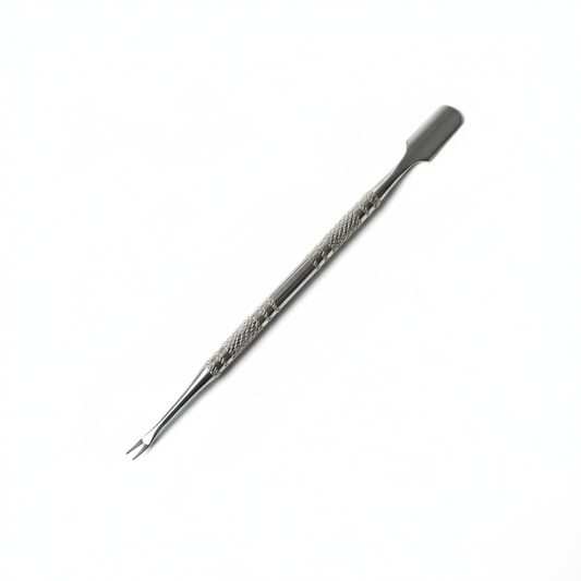 Repousse-cuticules professionnel en acier inoxydable avec double embout : pointe plate pour repousser les cuticules et pointe texturee pour nettoyer la surface de l'ongle