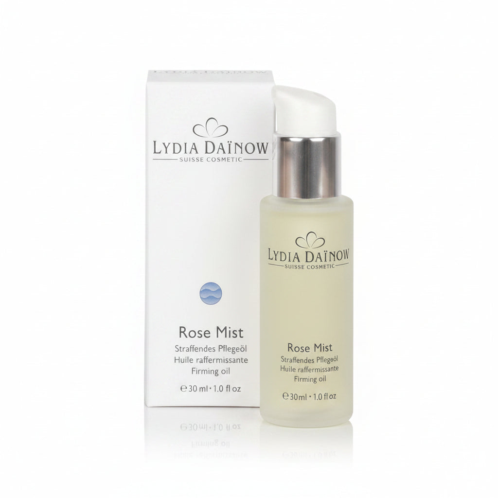 Rose Mist Lydia Dainow 30ml – Huile de soin raffermissante au phytocomplex LD exclusif, squalane et huile de rose pour peaux matures et fatiguées – cosmétiques suisses Lydia Dainow