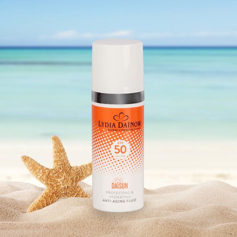 DaïSun Anti-Aging Fluid SPF 50 Lydia Dainow 50ml – Fluide solaire anti-âge visage, cou et décolleté avec Infraguard, Dumaflorine et phytosqualane, sans conservateurs synthétiques – cosmétiques suisses Lydia Dainow